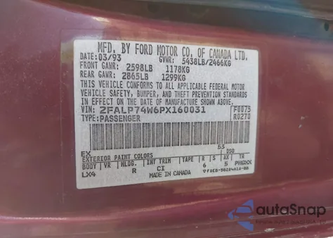 1993 Ford Crown Victoria Lx из США, поврежденный, VIN 2FALP74W6PX160031